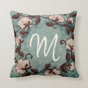 Monogram Cotton Wreath Custom Pillow by JustBeeNMeBoutique at Zazzle