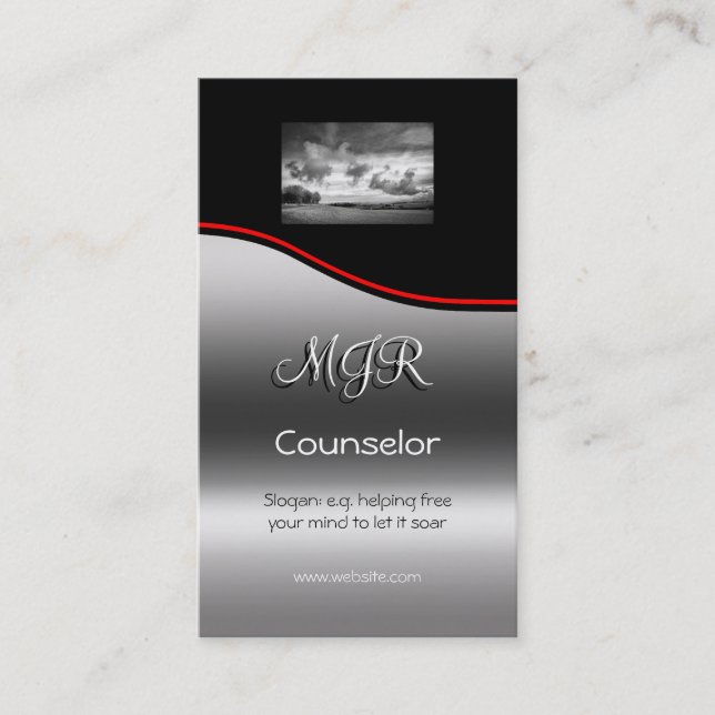 Monogram, Counselling Services, red swoosh Business Card (Front)
