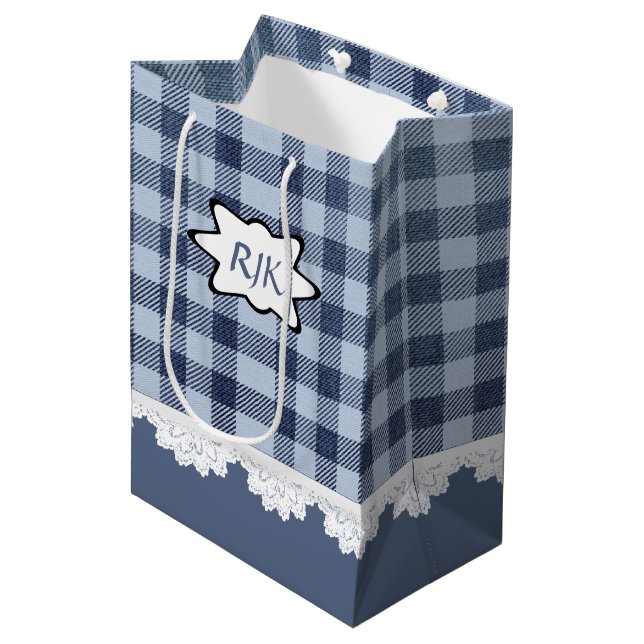 Monogram Country Blue Plaid Medium Gift Bag (Front Angled)