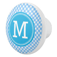 Monogram Country Chic Baby Blue Gingham Ceramic Knob