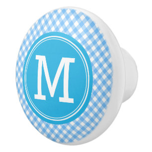 Monogram Country Chic Baby Blue Gingham Ceramic Knob