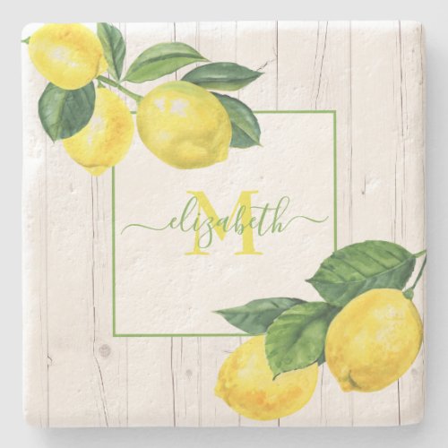 Monogram country lemons watercolor on rustic wood stone coaster