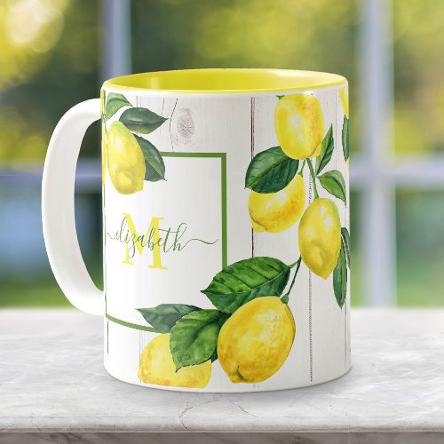 Monogram country lemons watercolor on rustic wood Two_Tone coffee mug