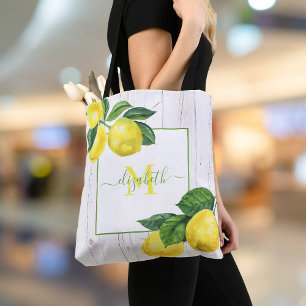 Monogram country lemons watercolor rustic wood tote bag