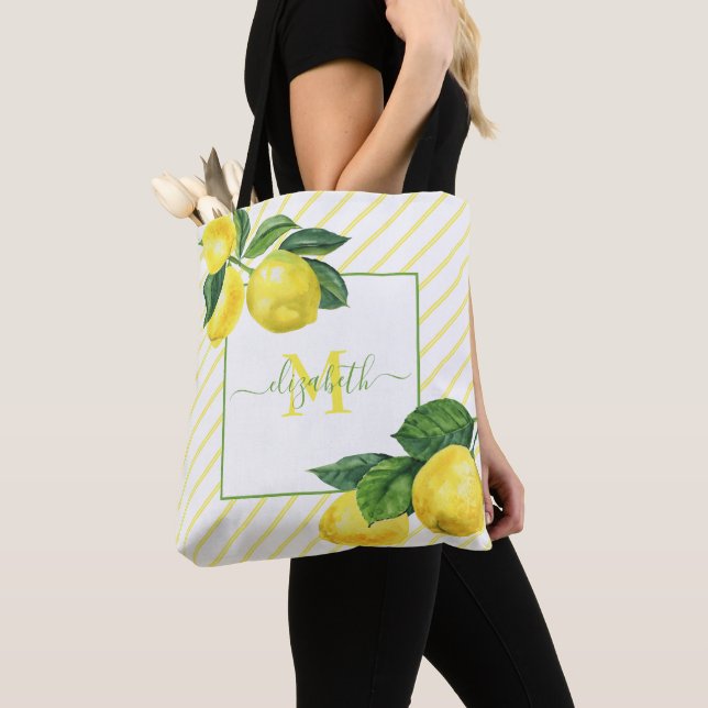 Monogram country lemons watercolor stripes rustic tote bag (Close Up)