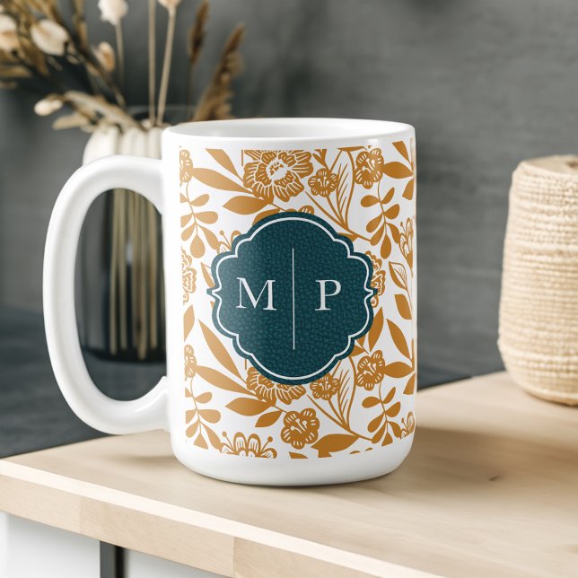 Monogram Country Style Bold Floral Pattern Yellow Coffee Mug (Monogram Country Style Bold Floral Pattern Yellow Coffee Mug)