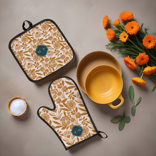 Monogram Country Style Bold Floral Pattern Yellow Oven Mitt  Pot Holder Set