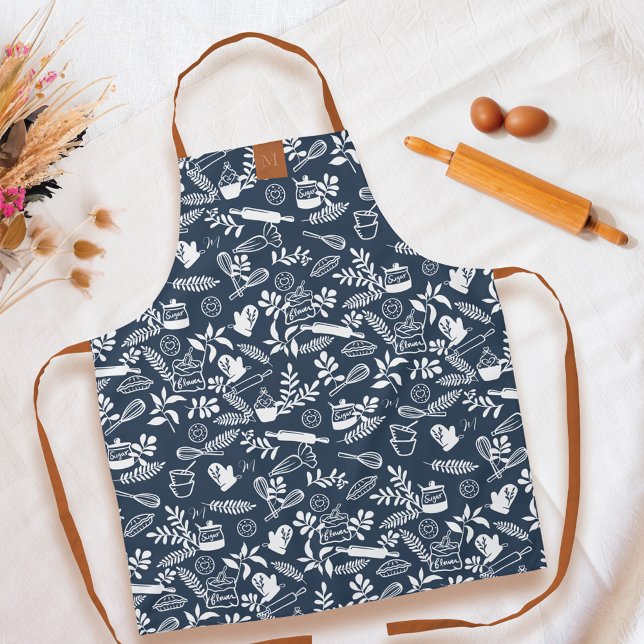 Monogram Country Style Floral Baking Pattern Blue Apron (Monogram Country Style Floral Baking Pattern Blue Apron)