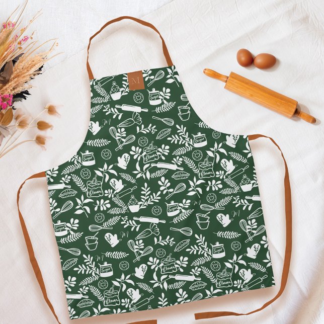 Monogram Country Style Floral Baking Pattern Green Apron (Monogram Country Style Floral Baking Pattern Green Apron)