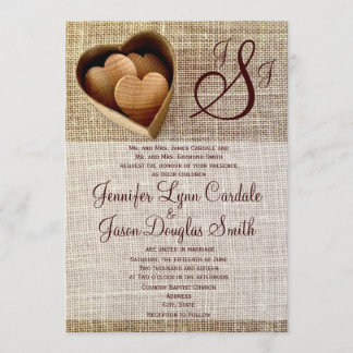 Monogram Country Wooden Hearts Burlap Wedding Invitation