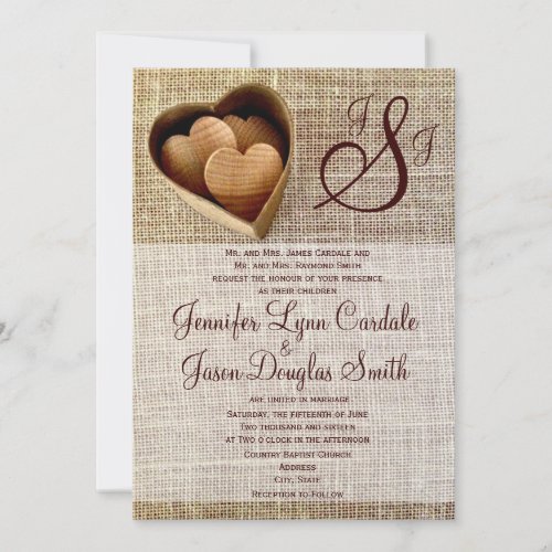 Monogram Country Wooden Hearts Burlap Wedding Invitation