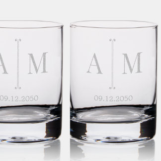 Monogram Couple Date Simple Minimal Wedding Rocks Glass