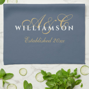 Monogram Couple Est. Year Blue Gold White Minimal Kitchen Towel