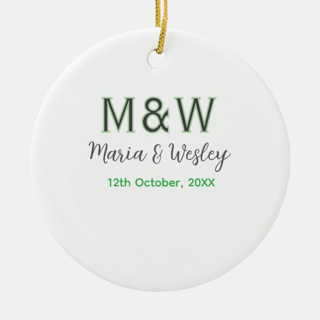 Monogram couple gray green modern romantic date si ceramic ornament (Front)
