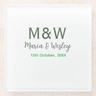 Monogram couple gray green modern romantic date si glass coaster