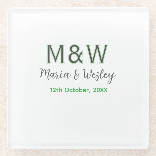 Monogram couple gray green modern romantic date si glass coaster (Front)