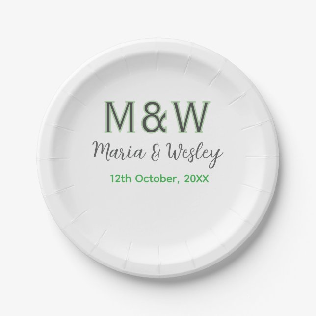 Monogram couple gray green modern romantic date si paper plates (Front)