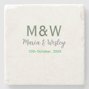 Monogram couple gray green modern romantic date si stone coaster