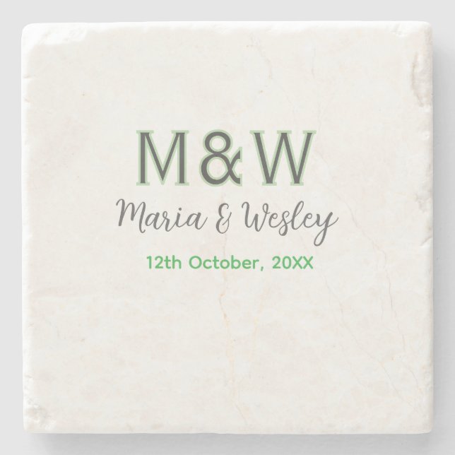 Monogram couple gray green modern romantic date si stone coaster (Front)