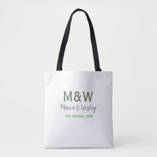 Monogram couple gray green modern romantic date si tote bag (Front)