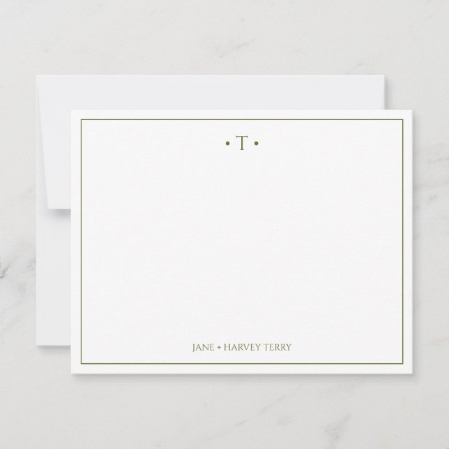 Monogram Couple Initial Olive Green Custom Wedding Note Card (Front)