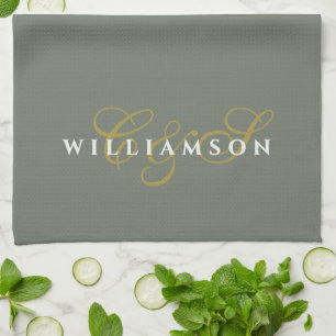 Monogram Couple Minimalist Olive Green Gold White Kitchen Towel