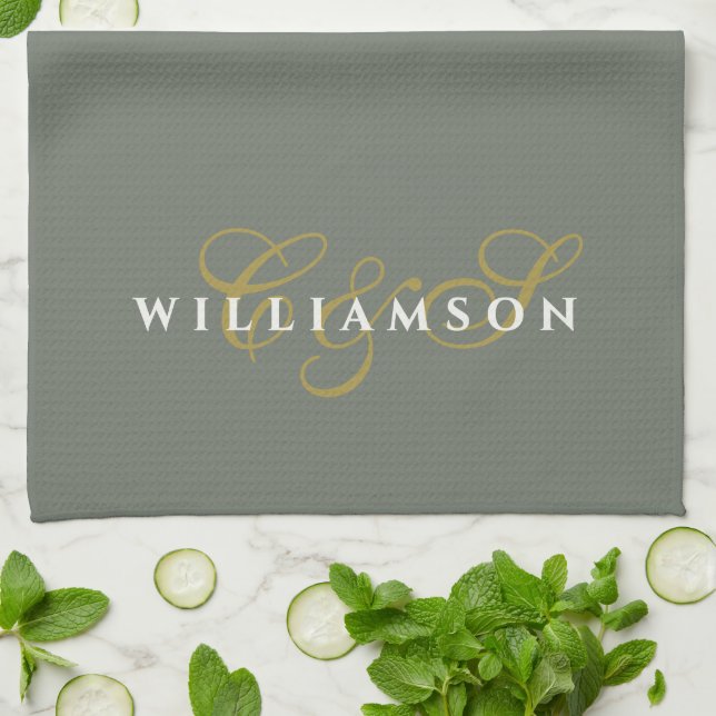 Monogram Couple Minimalist Olive Green Gold White Kitchen Towel (Folded)