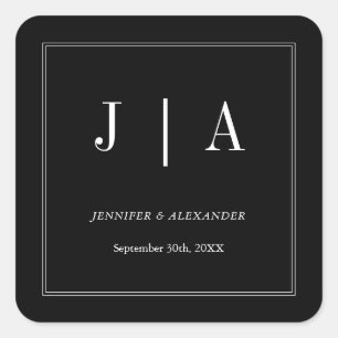 Monogram Couple Name Modern Simple Black And White Square Sticker