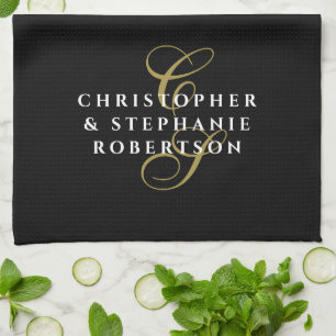 Monogram Couple Names Black Gold White Minimalist Kitchen Towel