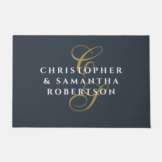 Monogram Couple Navy Blue Gold White Minimalist  Doormat (Front)