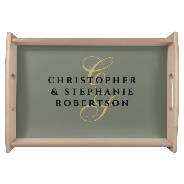 Monogram Couple Olive Green Gold Black Minimalist  Serving Tray (Front)
