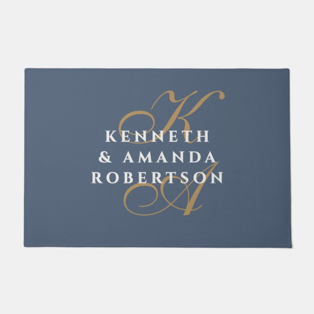 Monogram Couple Slate Blue Brass White Minimalist  Doormat (Front)