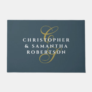 Monogram Couple Teal Blue Gold White Minimalist  Doormat