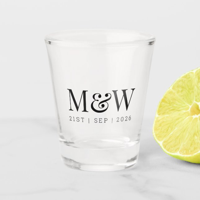 Monogram Couple's Black Modern Wedding Shot Glass (Front)