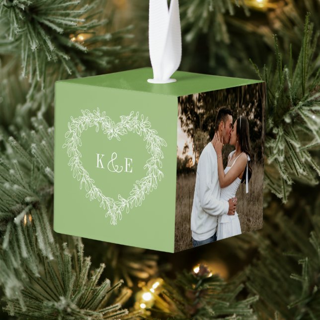 Monogram couples green mistletoe heart photo cube ornament (Tree)