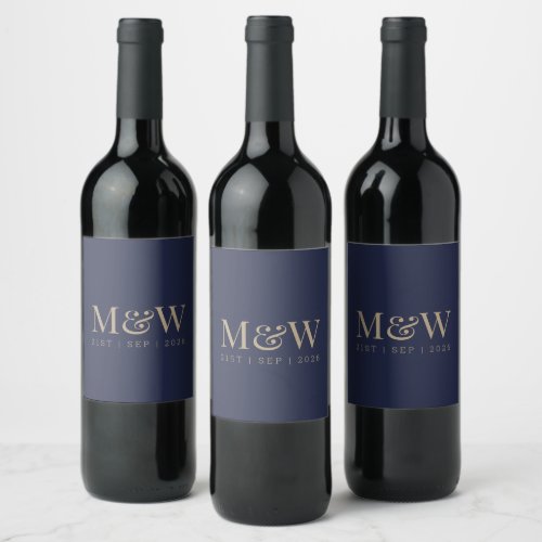 Monogram Couples Modern Gold Navy Wedding Wine Label