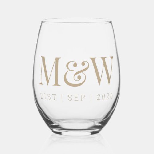 Monogram Couples Modern Initials Gold Wedding Stemless Wine Glass