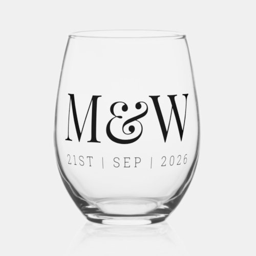 Monogram Couples Modern Initials Wedding Stemless Wine Glass