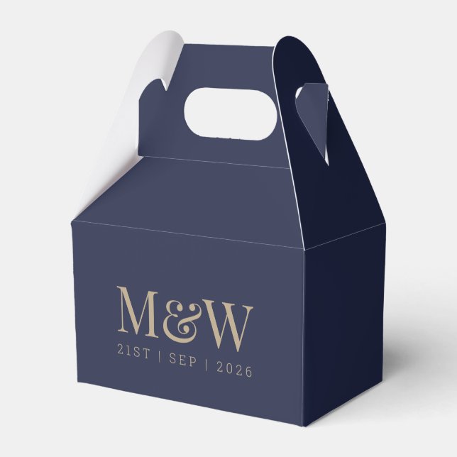 Monogram Couple's Modern Wedding Gold Navy Favor Boxes (Front Side)