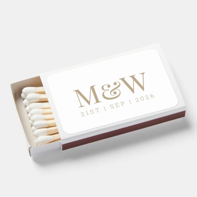 Monogram Couple's Modern Wedding Gold White Matchboxes (Front Open)