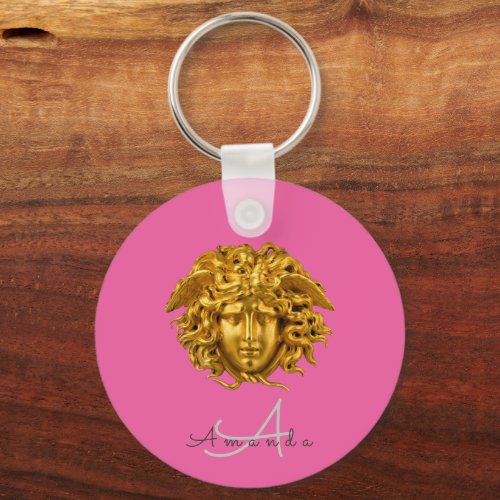 Monogram Couture Chic Gold Medusa Mask Hot Pink Keychain