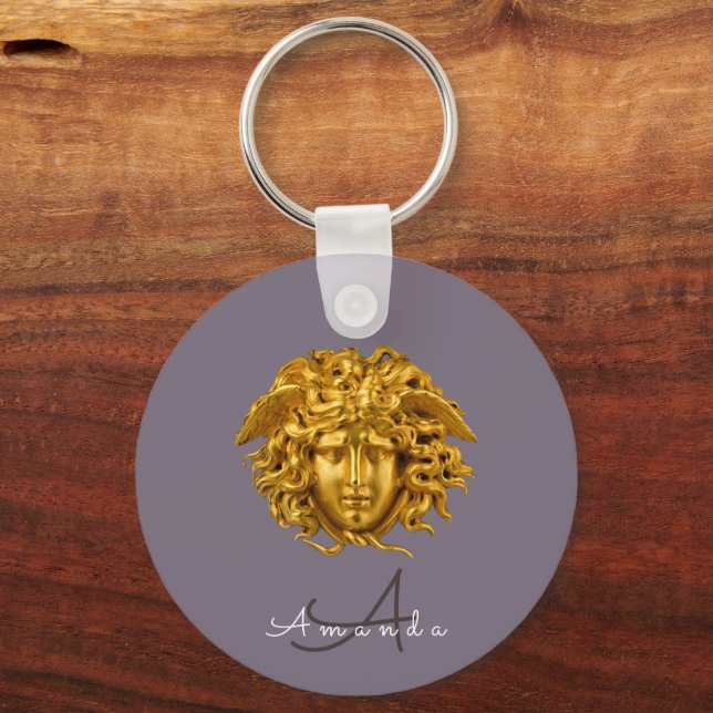 Monogram Couture Gold Medusa Mask Dusky Purple Keychain (Front)