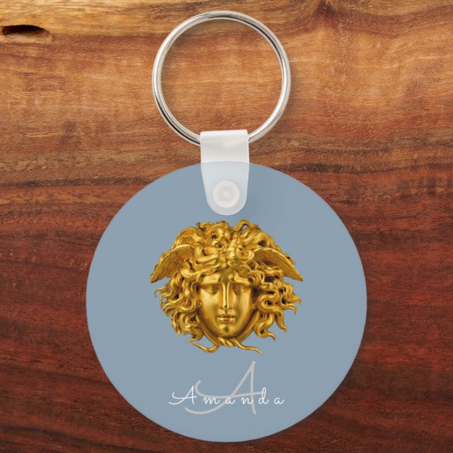 Monogram Couture Gold Medusa Mask Dusty Blue Keychain (Front)