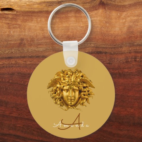 Monogram Couture Gold Medusa Mask Dusty Yellow Keychain