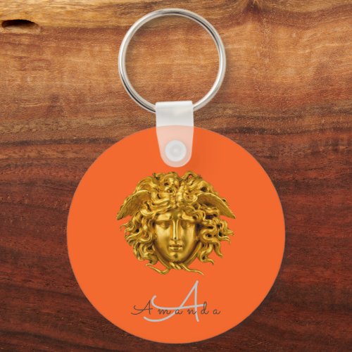 Monogram Couture Gold Medusa Mask Pumpkin Orange Keychain
