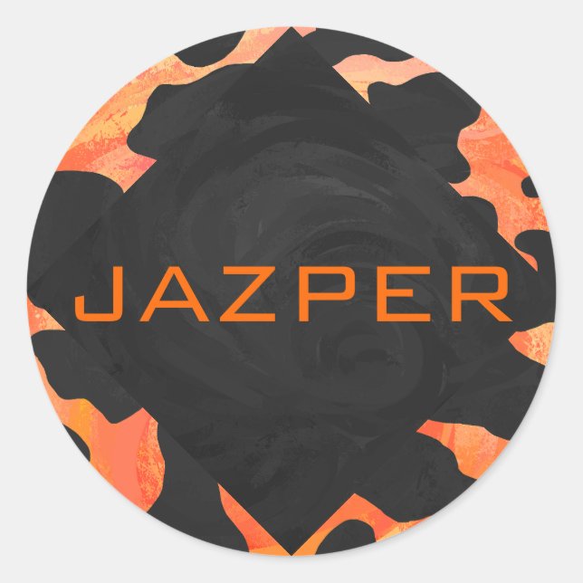 Monogram Cow Black and Orange Print Classic Round Sticker (Front)