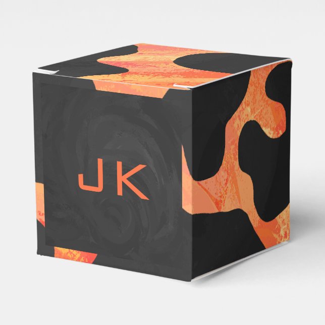 Monogram Cow Black and Orange Print Favor Boxes (Front Side)