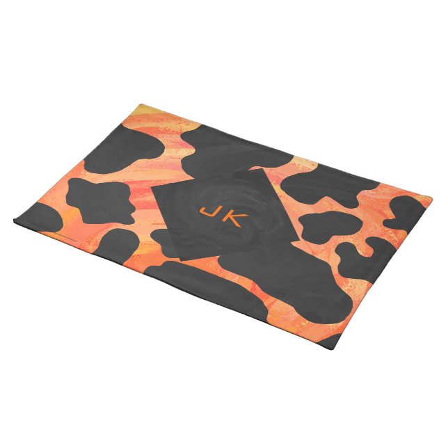 Monogram Cow Black and Orange Print Placemat (On Table)