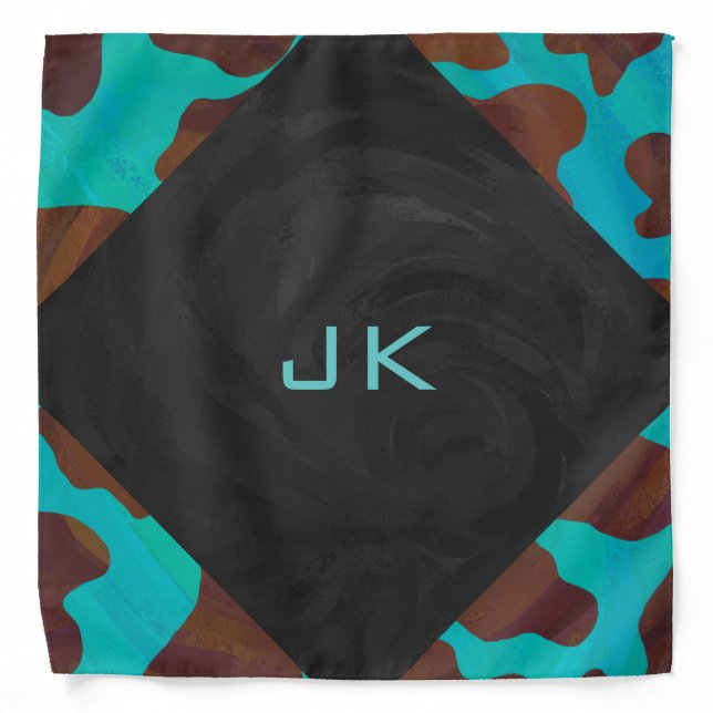Monogram Cow Brown and Teal Print Bandana (Front)