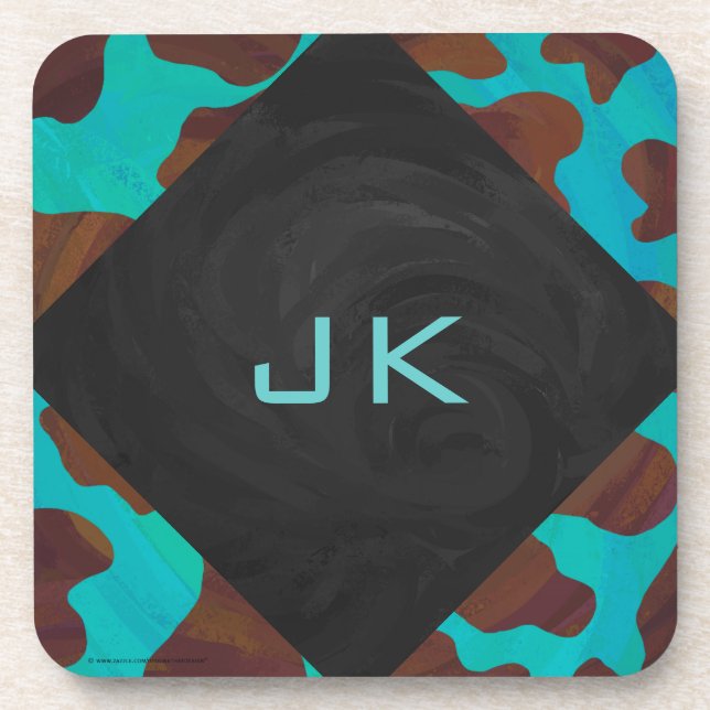 Monogram Cow Brown and Teal Print Beverage Coaster (Front)